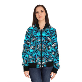 Skull Bloom Bomber Jacket — Teal Floral Skull All-Over Print